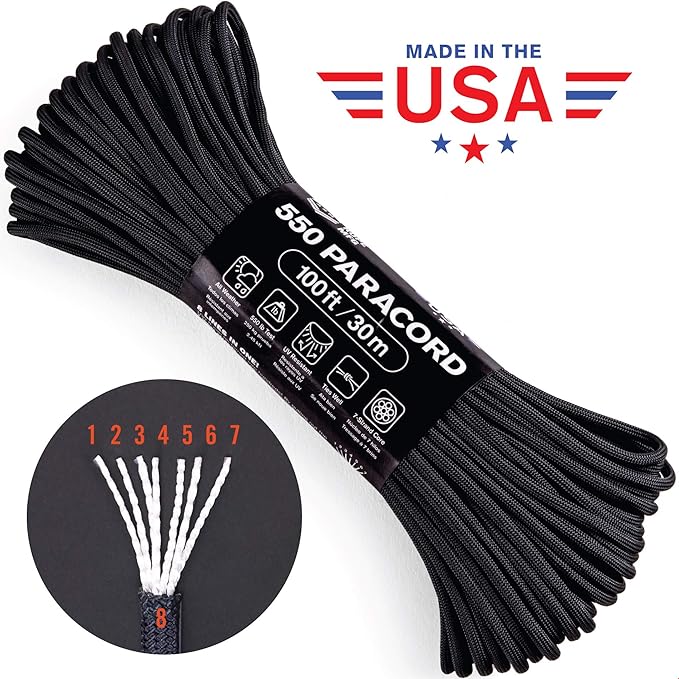 Atwood Rope MFG 550 Paracord 100 Feet 7-Strand Core Nylon Parachute Cord Outside Survival Gear Made in USA | Lanyards, Bracelets, Handle Wraps, Keychain (Blue)