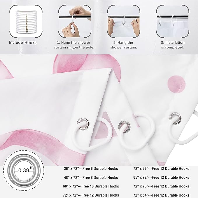 Pink Bow Shower Curtain, Pink and White Modern Aesthetic Bowknot with Polka Dot Cute Girly Bathroom Curtain Waterproof Fabric Machine Washable with Hooks, 48" Wx72 L