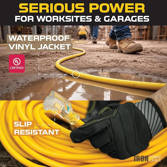IRON FORGE CABLE 100 Foot Outdoor Extension Cord - 12/3 SJTW Heavy Duty Yellow 3 Prong Extension Cable, 15 AMP - Great for Garden and Major Appliances