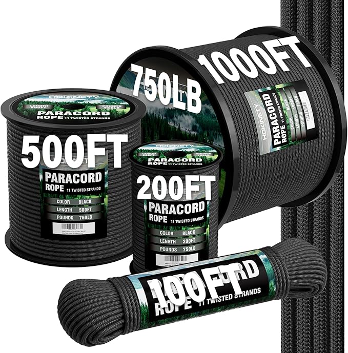 750lb Paracord Rope - 4mm 11 Strand Parachute para Cord Spool Rope Utility Nylon Survival Cord for Outdoor Camping Tent Crafting Bracelets DIY Projects - Black 50ft