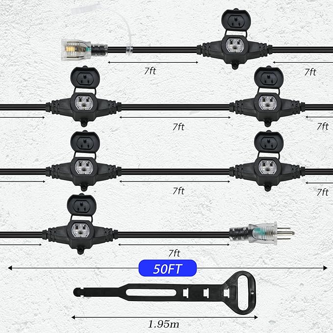 50FT 14 Gauge Heavy Duty Multi-Outlet Outdoor Extension Cord, 7 Evenly Spaced Weatherproof Outlets, LED Indicator Light,Great for Stage Backdrops, Landscape Garden Lighting, Holiday Decoration ETL