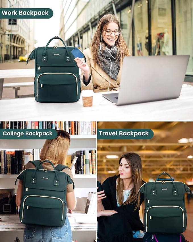 LOVEVOOK College Laptop Backpack, 15.6 Inch Travel Backpack for College, Waterproof Work Backpack Woman for Teacher Nurse Anti-theft Travel Back Pack, Gifts for Women,Dark Green