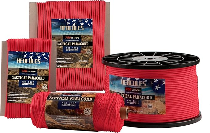 HERCULES 750lb Paracord 4mm 11 Strands Tactical Parachute Cord, 50' 100' 250' 1000' Utility Rope for Camping, Survival, Outdoor Gear (Imperial Red, 50FT)