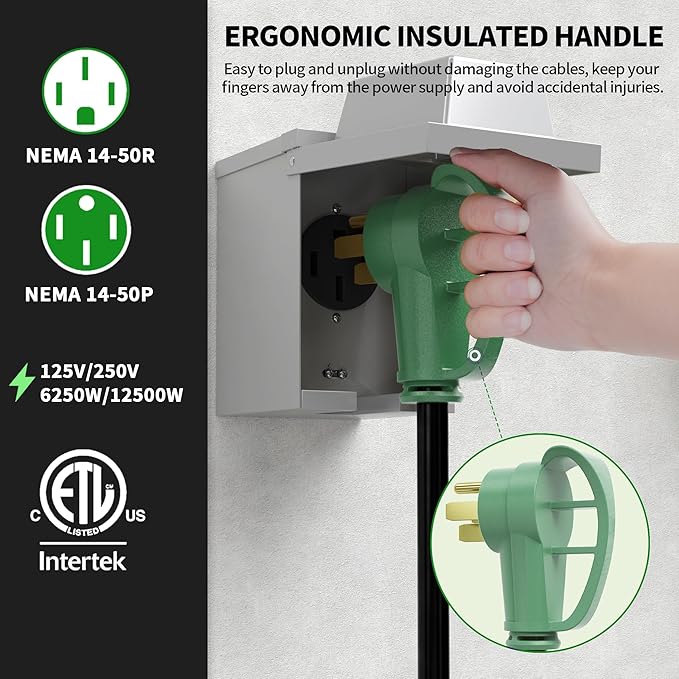 POWGRN NEMA 14-50P to NEMA 14-50R 50 Amp RV/EV Extension Cord 15 FT Outdoor with Grip Handle, Flexible Heavy Duty RV Power Cord Waterproof, 50A 125/250V 6250/12500W STW, Black-Green, ETL Listed