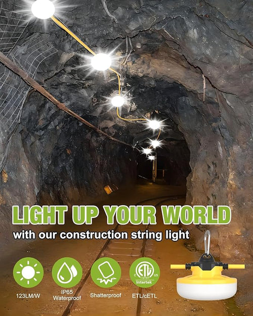 100FT Construction String Lights 3Prong Temp Lighting,130W 16000LM Industrial String Work Lights, IP65 Waterproof 18AWG Wire 5000K Super Bright for Jobsites Temporary Outdoor & Crawl Space Lighting