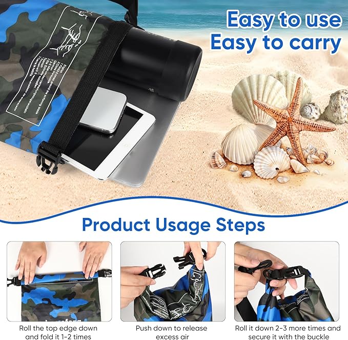 Waterproof Dry Bag 5L/10L/15L/20L/30L Roll Top Dry Storage Backpack with Phone Case, Collapsible Water Bottle, Sunglasses, Ear Band for Kayaking Boating Swimming Fishing Camping,Blue 20L