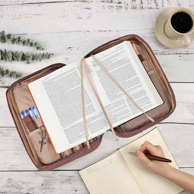 FINDCOZY Bible Cover for Women, Durable Carrying Book Case Church Bag for Biblical Accessories with Handle and Zippered Pocket,Rosewood-Pink