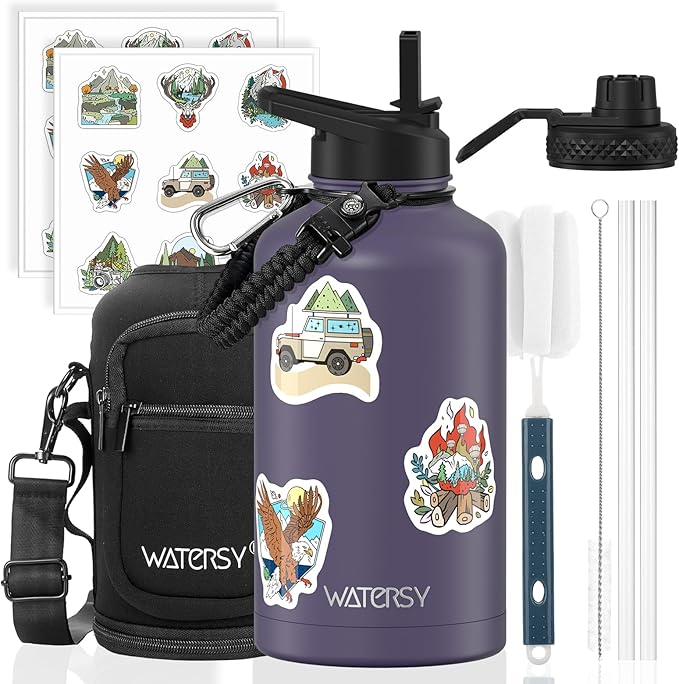 64oz Insulated Water Bottle (Cold for 48 Hrs),BPA Free&Leak Proof,Half Gallon Stainless Steel Water Flask,Water Jug with Straw Spout Lids for Gym,Hiking,Camping,Purple
