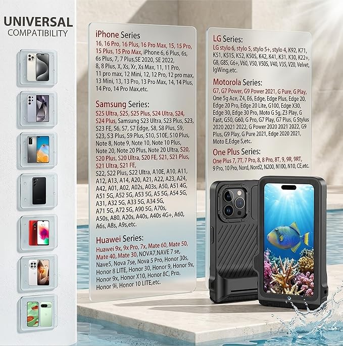 Diving Phone Case for iPhone 17 16 15 14 13 Pro Max Galaxy S25 S24 S23 Ultra, 50ft/15m Professional Waterproof Underwater Case with Real Touchscreen, Universal Camera Housing for Snorkeling (Orange)