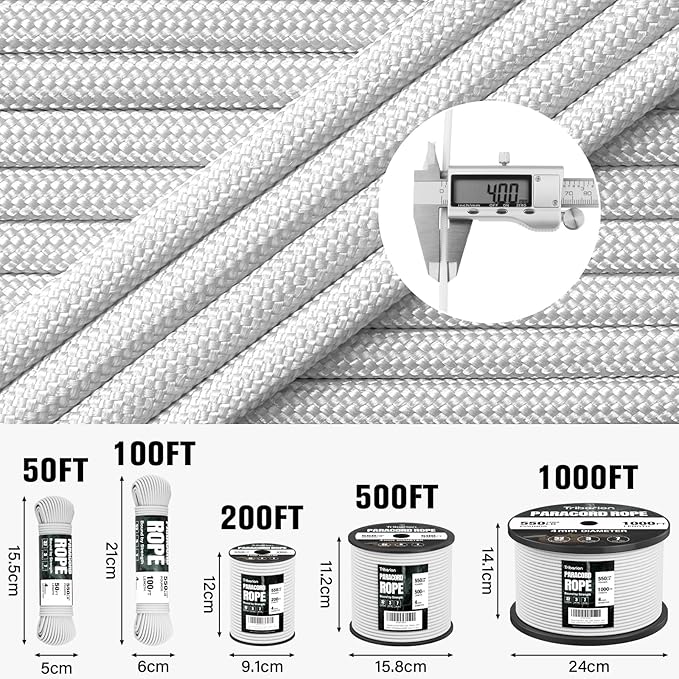 Paracord Rope 550 lb - 1000ft 5/32" Parachute Cord 4MM 7-Strand para Cord - Heavy Duty Spool String for Survival,Camping Gear, Survival Bracelet, Clothesline - White