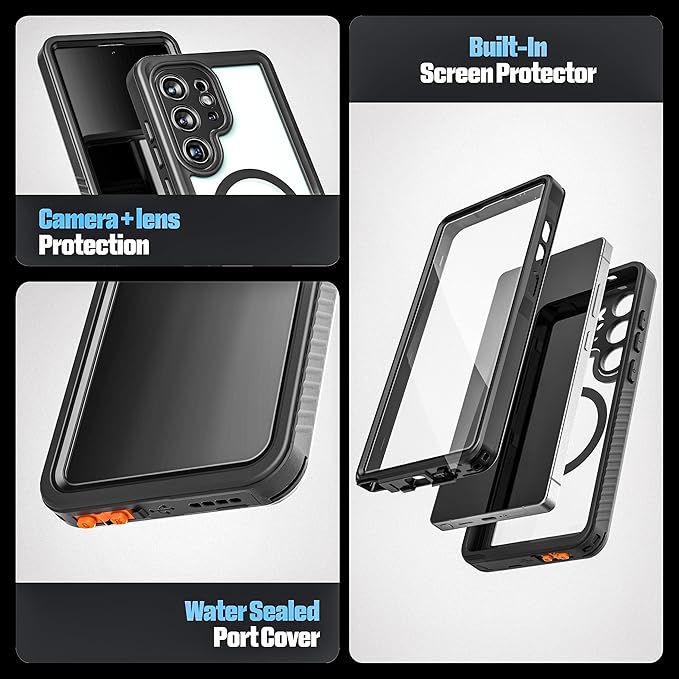 ENCASED Waterproof Case Designed for Samsung Galaxy S26 Ultra (IP68) Full Body Protective Phone Case with Screen Protector Built-in and MagSafe Compatible (Clear/Black)