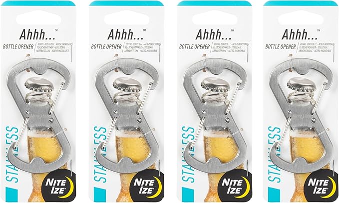 Nite Ize Ahhh... Stainless Bottle Opener - Keychain with S-Biner Functionality - Heavy-Duty Dual Bottle Opener Carabiner - Keychain Accessories - Stainless Steel, 4 Count (4 Pack)