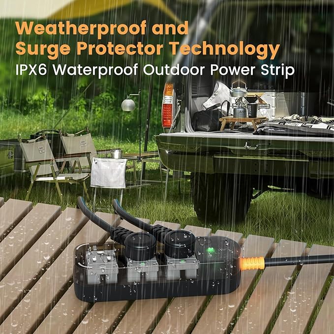Outdoor Power Strip Weatherproof 10 FT Extension Cord Waterproof Surge Protector Power Strip, 3 AC Outlets, 1625W Overload Protection, for Camping, Home, Office, Garden, FCC UL Listed