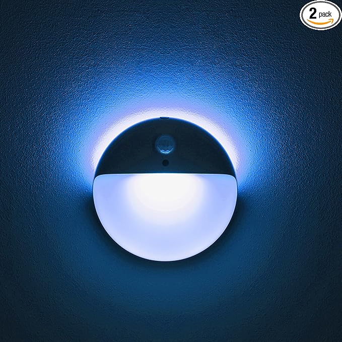YUNLEX 2 Pack Azure Battery Night Light, Motion Activated Night Light, 2.6" Small Sticky Lights, 3 Light Modes, Dimmable Battery Operated Lights for Travel, Toilet, Bathroom, Closet, Stairs,Corridor