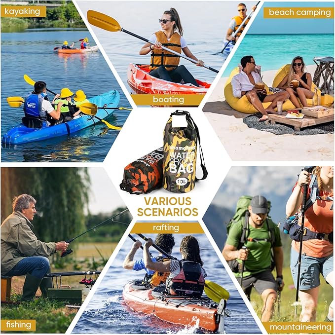 Waterproof Dry Bag 5L/10L/15L/20L/30L Roll Top Dry Storage Backpack with Phone Case, Collapsible Water Bottle, Sunglasses, Ear Band for Kayaking Boating Swimming Fishing Camping, Yellow 15L