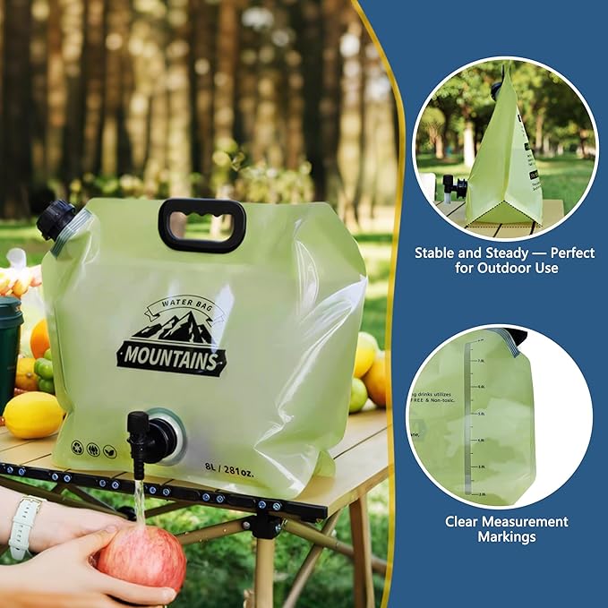 Water Jug Camping 2.1 Gallon Collapsible with Spigot, BPA Free Portable Water Pouch Foldable Water Bags for Outdoor Hiking, Travel and Emergency & Water Storage Containers (Green_Orange-2Pcs)
