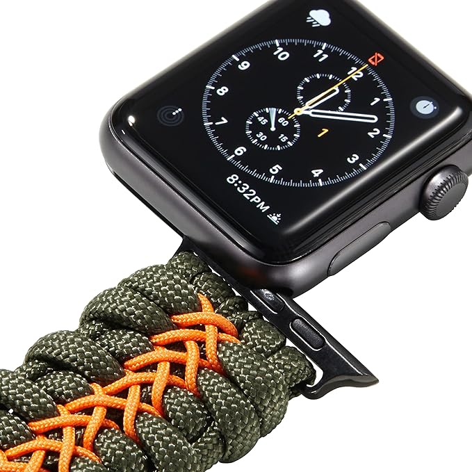 Savior Survival Gear Paracord Watch Band, Compatible with Apple Watch Band 49mm 46mm 45mm 44mm 42mm,iWatch Band Series Ultra 10 9 8 7 6 5 4 3 2 1 SE,Adjustable strap for men ( Green - Orange, X-Large)
