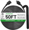 POWGRN 50 FT 16/3 Black Indoor Outdoor Extension Cord Waterproof, 3 Prong Flexblie SJTW Cold Weatherproof -50°C Appliance Extension Cord 13 AMP 1625W 16AWG Electric Cable, ETL Listed