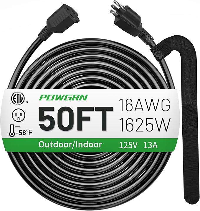 POWGRN 50 FT 16/3 Black Indoor Outdoor Extension Cord Waterproof, 3 Prong Flexblie SJTW Cold Weatherproof -50°C Appliance Extension Cord 13 AMP 1625W 16AWG Electric Cable, ETL Listed