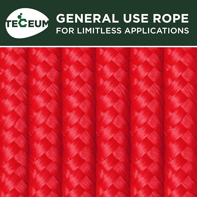 TECEUM Rope – 90 Feet x 3/8 Inch (10mm) – Red – Strong All-Purpose Utility Rope – Camping, Crafting, Flag Pole, Indoor & Outdoor – Polypropylene Nylon Poly Lightweight Diamond Braided Cord