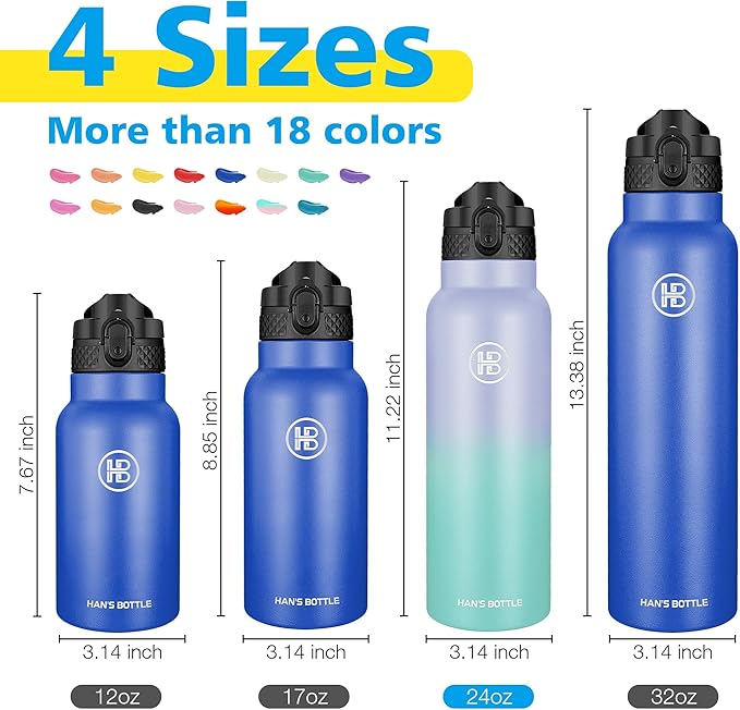 Han's Bottle Sports Water Bottle - 24 Oz, Straw Lid, Leak Proof, Vacuum Insulated Stainless Steel, Double Walled, Thermo Mug,Lilac green