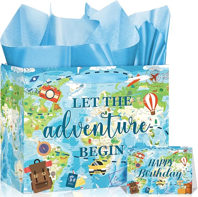 Travel World Map Birthday Gift Bag Double-Sided Let the Adventure Begin Gift Wrapping Paper Bag with Card Tissue Paper for Travel Birthday Baby Shower Graduation Retirement Farewell Family Party