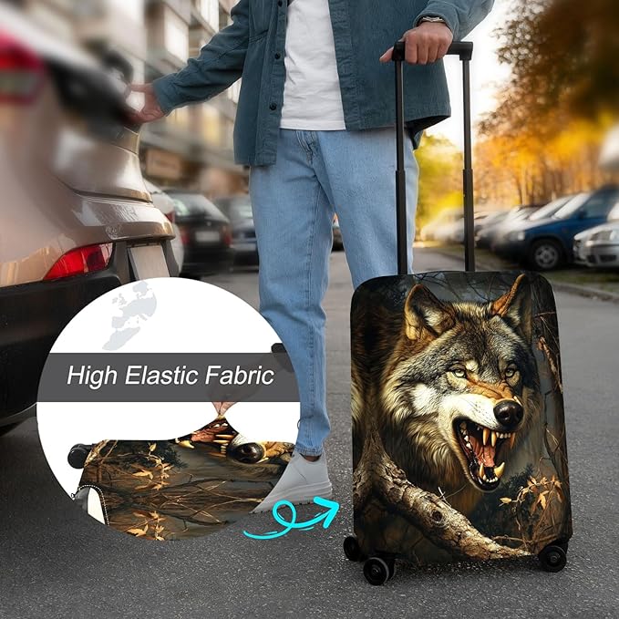 Luggage Cover Protector for 22-24 Inch Suitcases, TSA Approved Elastic Travel Suitcase Covers, Anti-Scratch Washable Luggage Sleeve for Carry On & Checked Bags, Fierce Wolf