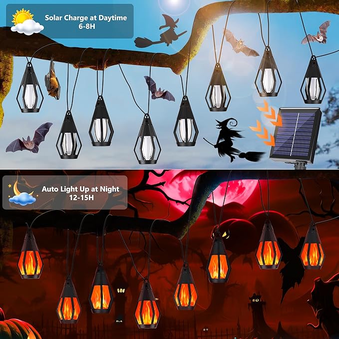 Solar String Lights for Outside, 33Ft Solar Patio Lights with 15 Flickering Flame Light Bulbs, Waterproof Red Solar Powered Outdoor Light for Garden Yard Patio Gazebo Bistro Cafe Porch Party Decor
