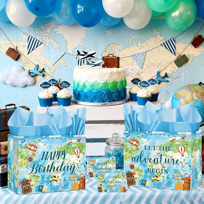 Travel World Map Birthday Gift Bag Double-Sided Let the Adventure Begin Gift Wrapping Paper Bag with Card Tissue Paper for Travel Birthday Baby Shower Graduation Retirement Farewell Family Party
