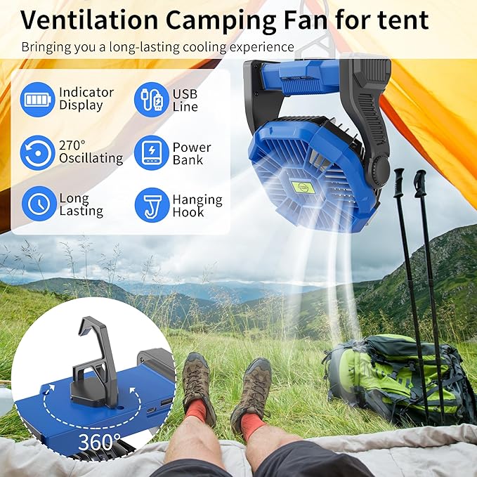 Portable Fan Rechargeable，270° Rotating Portable Cordless Battery Powered Camping Fan Rechargeable, USB Desk Personal Outdoor Camping Fans for Tents,Travel X23 Blue