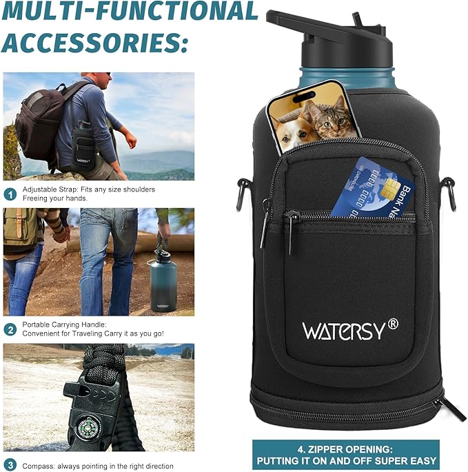 87oz Insulated Water Bottle (Cold for 48 Hrs),BPA Free&Leak Proof,1.5 Gallon Stainless Steel Water Flask,Water Jug with Straw Spout Lids for Gym,Hiking,Camping,Black Blue