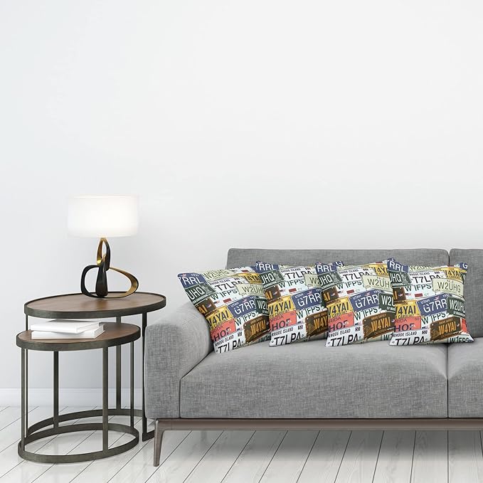 Ambesonne Vintage Decorative Throw Pillow Case Pack of 4, Original Retro Style License Plates Personalized Creative Travel Vacation, Cushion Cover for Couch Living Room Car, 16", Blue Green