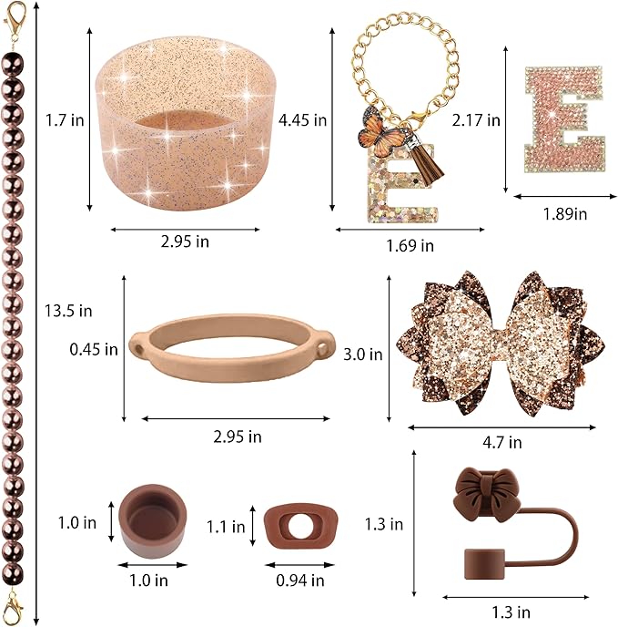 9PCS Brown for Stanley Cup Accessories Set Bling Initials Bow Charms for Stanley Decorations 30/40 Oz Tumbler Accessories Including Bow Straw Topper, Handle Strap, Spill Stopper（Letter E）
