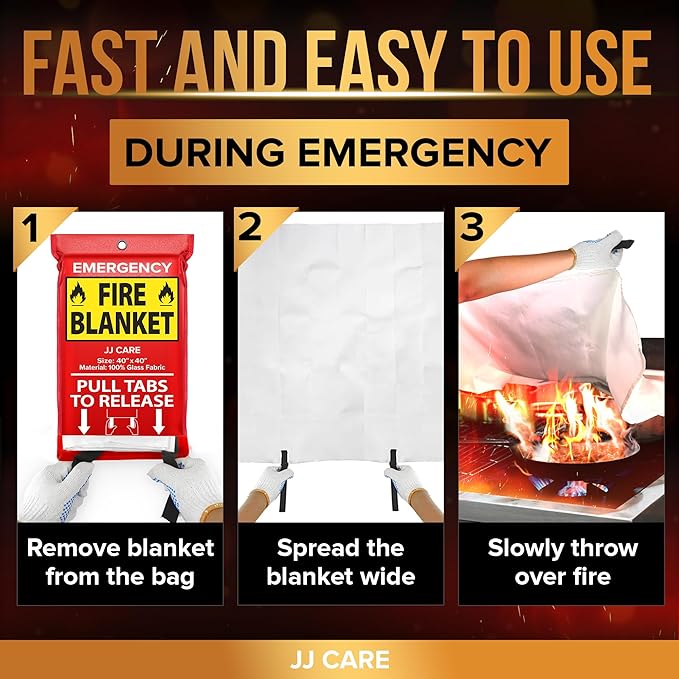 JJ CARE Fire Blanket - 40" x 40" [2 Packs with Hooks & Gloves] - Suppression Flame Retardant Emergency Fire Blanket for Camping, Grill, Kitchen, Home, Car, School, Office, Warehouse