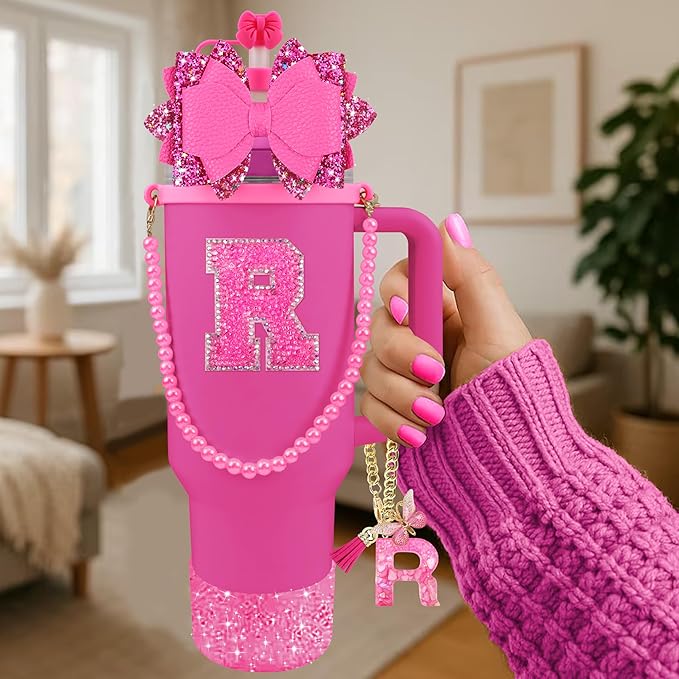 9PCS Hot Pink for Stanley Cup Accessories Set Bling Initials Bow Charms for Stanley Decorations 30/40 Oz Tumbler Accessories Including Bow Straw Topper, Handle Strap, Spill Stopper（Letter R）