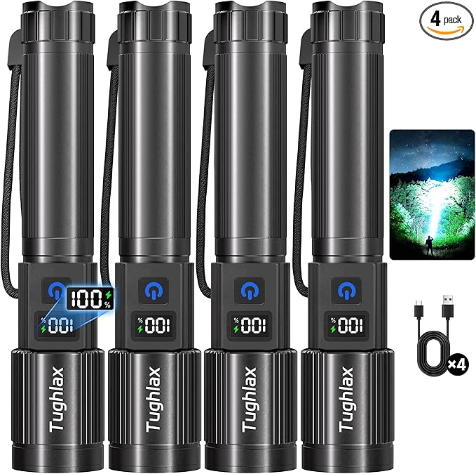 4Pack Rechargeable Flashlights High Lumens 10000LM, Super Bright Flashlight with LCD Digital Display, 5 Modes Adjustable Flash Light, LED Flashlight Powerful, Tactical Flashlights for Home