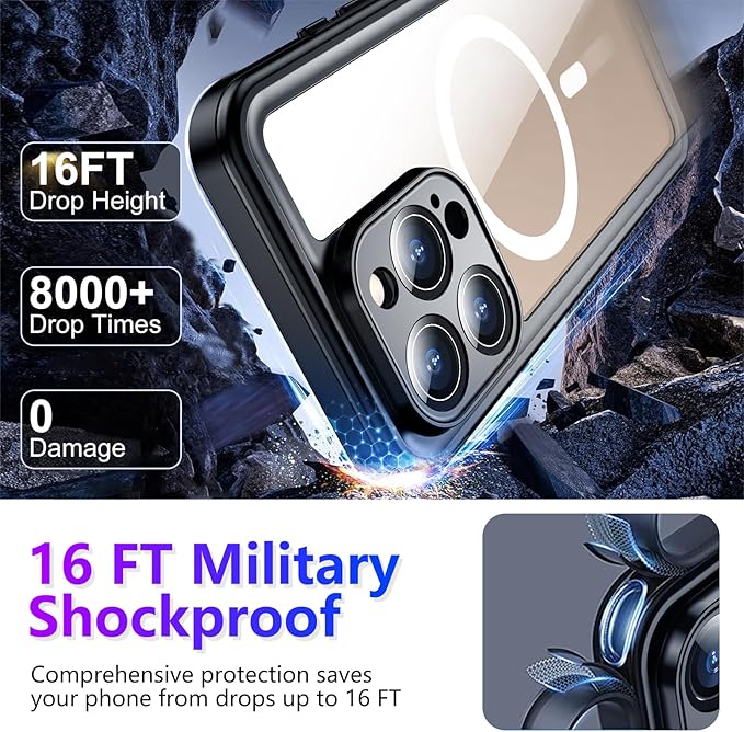 Temdan Magnetic Waterproof Compatible with Phone Pro Max Case 6.9 inch 2024-Black/Clear-Mag