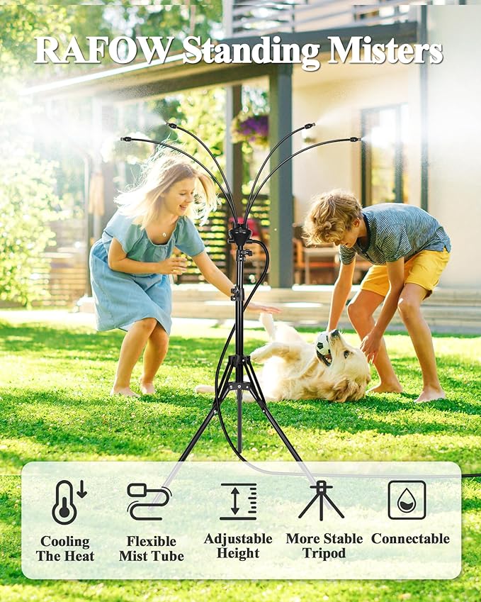 Rafow Standing Misters for Outside Patio - Adjustable Height 3.6-5.2FT Misting System Line 26.5FT Portable Water Misters for Cooling Outdoor with Tripod Base Stand Mister for Backyard Pool BBQ Party