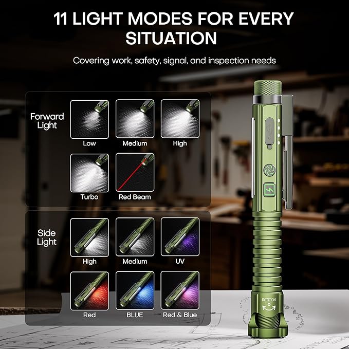 EDC Flashlight Rechargeable,800 Lumen Small Flashlight with Magnetic Clip & Base, 11 Modes LED Flashlight,Glass Breaker&Bottle Opener, USB-C Flashlight for Working,Home and Emergency