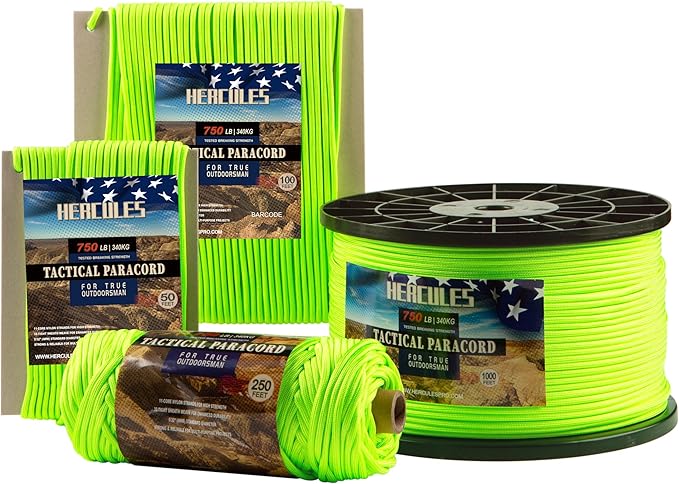HERCULES 750lb Paracord 4mm 11 Strands Tactical Parachute Cord, 50' 100' 250' 1000' Utility Rope for Camping, Survival, Outdoor Gear (Neon Green, 250FT)