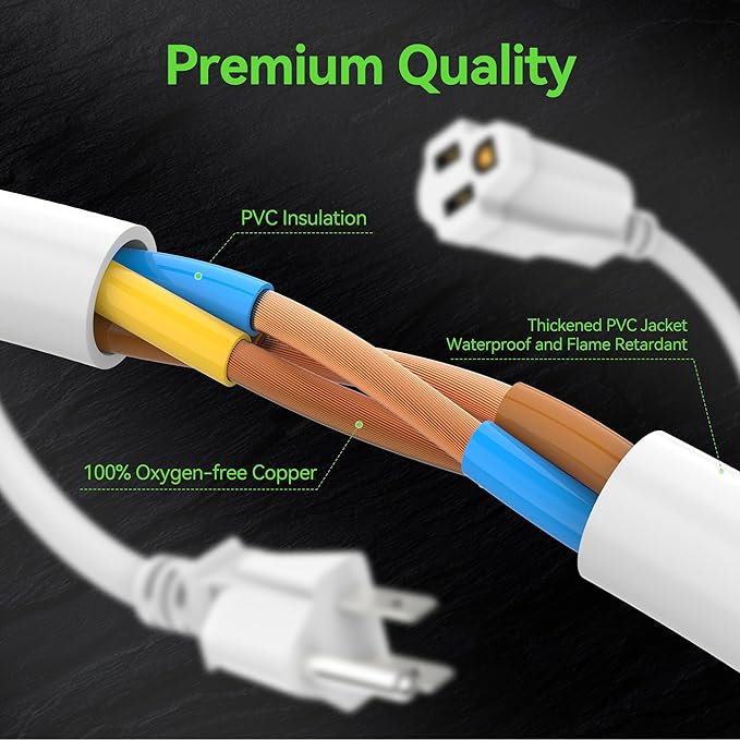 Power Extension Cord 7FT/84Inch, 3 Prong Grounded Electric Extension Cable Outlet Saver, Single Outlet, Heavy Duty, Waterproof, Flexible, 16AWG, SJTW, 13A 125V, Outdoor and Indoor Power Wire(White)