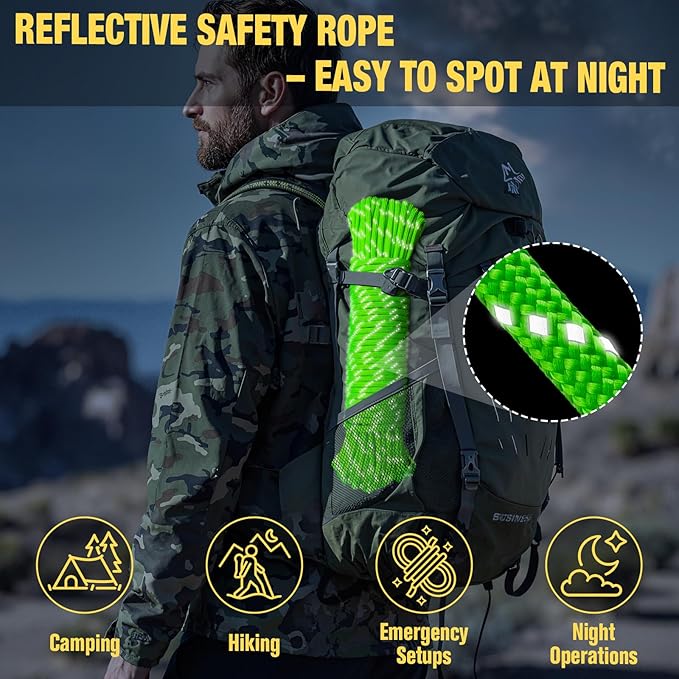 Reflective Paracord Rope 750 lb - 1000ft 5/32" Parachute Cord 4MM 12-Strand para Cord - Heavy Duty Spool String for Survival,Camping Gear, Survival Bracelet, Clothesline - Neon Green