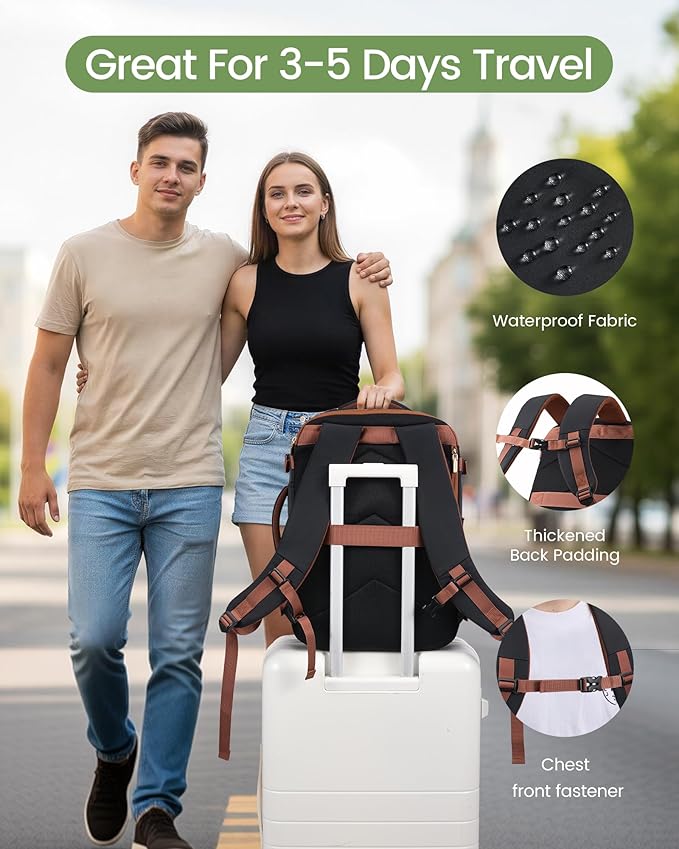 LOVEVOOK 40L Travel Backpack for Women & Men, Airline Approved Carry On Backpack, TSA Personal Item Bag fits 17.3 Inch Laptop, Waterproof Weekender Overnight Bags Suitcase for Work, Black-Brown-Beige