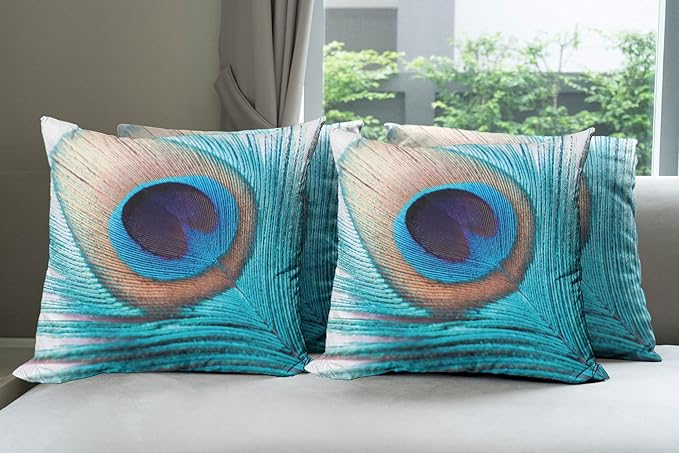 Ambesonne Feather Throw Pillow Cushion Case Pack of 4, Close up Pattern of Peacock Fluff in Vibrant Tones Natural Wildlife Theme Print, Modern Accent Double-Sided Digital Printing, 24", Aqua Cream
