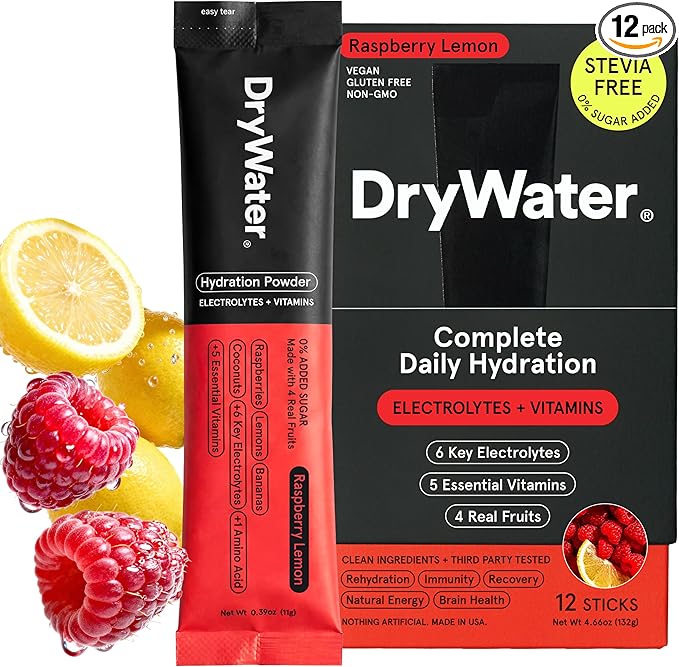 DryWater Electrolyte Powder Packets, Raspberry Lemon - Stevia-Free Hydration Packets Drink Mix with Zero Added Sugar for Rehydration & Energy - 6 Key Electrolytes, 5 Vitamins & 5 Real Fruits - 12 Pack