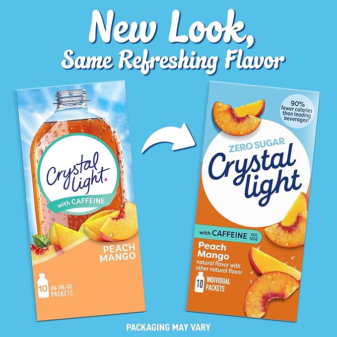 Crystal Light On The Go Peach Mango With Caffeine Drink Mix, 10-Packet Box, 0.7 OZ (Pack of 3)
