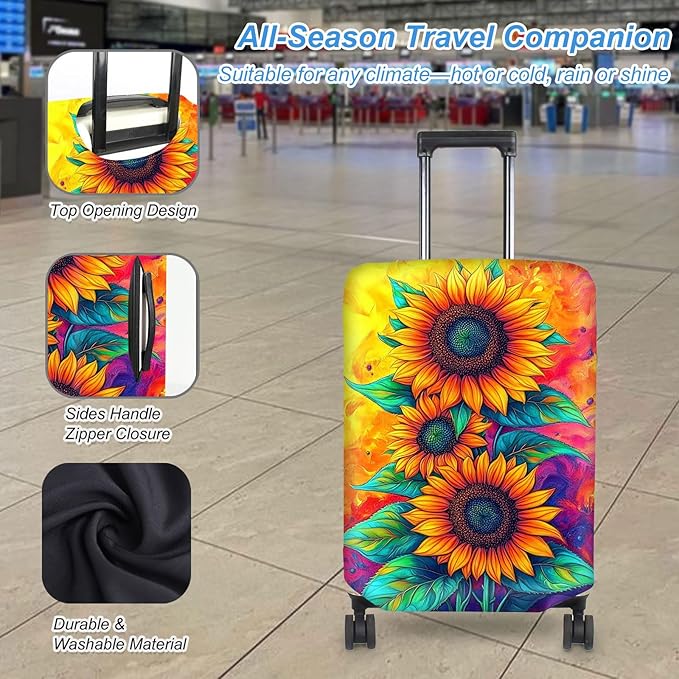 Luggage Cover Protector for 22-24 Inch Suitcases, TSA Approved Elastic Travel Suitcase Covers, Anti-Scratch Washable Luggage Sleeve for Carry On & Checked Bags, Three Sunflowers