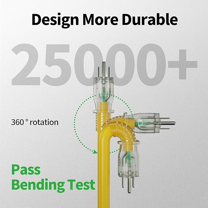 POWGRN 10 ft 12/3 Outdoor Extension Cord Waterproof Heavy Duty with Lighted Indicator End 12 Gauge 3 Prong, Flexible Cold-Resistant Long Power Cord Outside, 15Amp 1875W SJTW Yellow ETL Listed