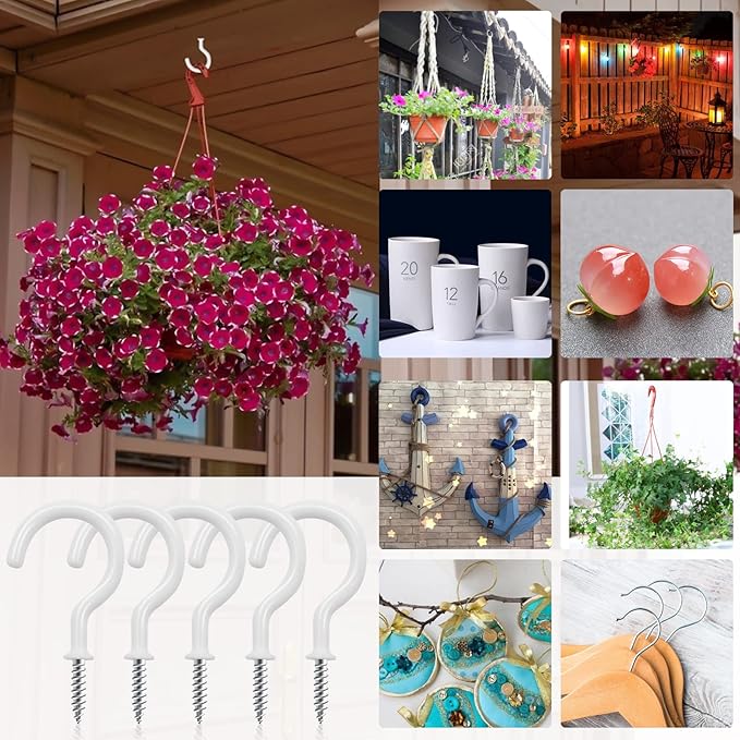 Cup Screw Hooks,1-1/2 Vinyl Coated Ceiling 45 Pack Screw in Hooks Plant Hanger Wind Chimes Kitchen Cup Hooks Great for Hanging Indoor & Outdoor Use(White)
