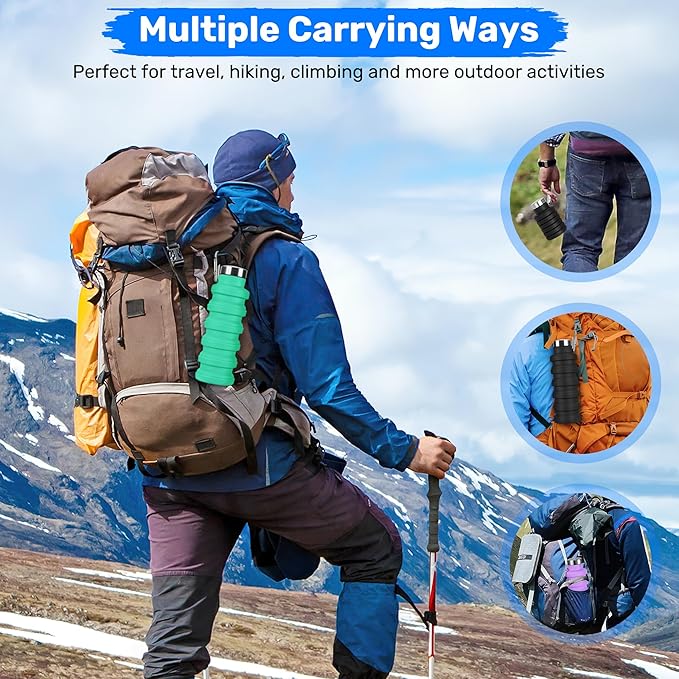 Collapsible Water Bottle, 16oz Portable Reusable Silicone Water Bottle, BPA-Free Leak-Proof Foldable Design with Carabiner, Lightweight Durable for Gym, Travel, Camping, Hiking, Sports, Light Pink